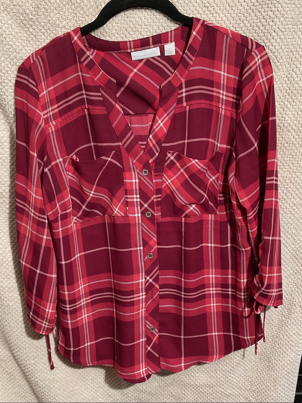 New York & Company Red Plaid Henley Blouse